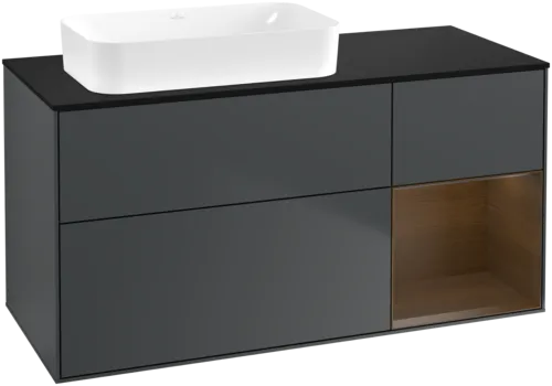 Picture of VILLEROY BOCH Finion Vanity unit, with lighting, 3 pull-out compartments, 1200 x 603 x 501 mm, Midnight Blue Matt Lacquer / Walnut Veneer / Glass Black Matt #F692GNHG