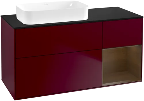 Picture of VILLEROY BOCH Finion Vanity unit, with lighting, 3 pull-out compartments, 1200 x 603 x 501 mm, Peony Matt Lacquer / Walnut Veneer / Glass Black Matt #F692GNHB