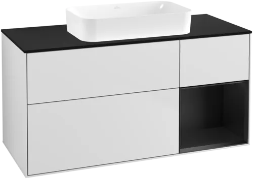 Picture of VILLEROY BOCH Finion Vanity unit, with lighting, 3 pull-out compartments, 1200 x 603 x 501 mm, White Matt Lacquer / Black Matt Lacquer / Glass Black Matt #F712PDMT