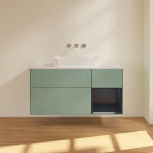 Bild von VILLEROY BOCH Finion Waschbeckenunterschrank, mit Beleuchtung, 3 Auszüge, 1200 x 603 x 501 mm, Olive Matt Lacquer / Midnight Blue Matt Lacquer / Glass White Matt #F711HGGM
