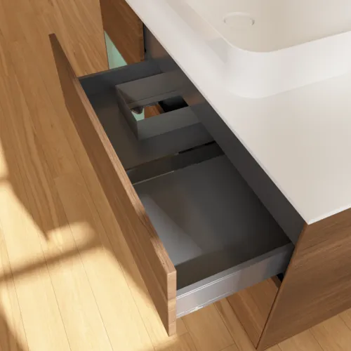 Bild von VILLEROY BOCH Finion Waschbeckenunterschrank, mit Beleuchtung, 3 Auszüge, 1200 x 603 x 501 mm, Walnut Veneer / Olive Matt Lacquer / Glass White Matt #F701GMGN
