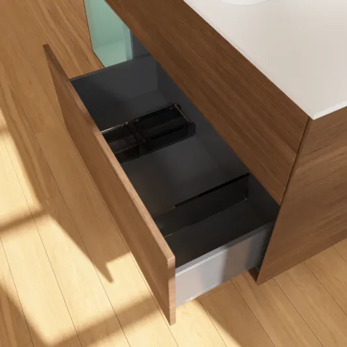 Bild von VILLEROY BOCH Finion Waschbeckenunterschrank, mit Beleuchtung, 3 Auszüge, 1200 x 603 x 501 mm, Walnut Veneer / Olive Matt Lacquer / Glass White Matt #F701GMGN