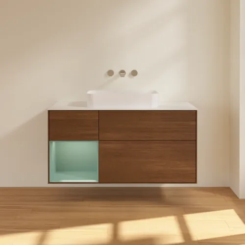 Bild von VILLEROY BOCH Finion Waschbeckenunterschrank, mit Beleuchtung, 3 Auszüge, 1200 x 603 x 501 mm, Walnut Veneer / Olive Matt Lacquer / Glass White Matt #F701GMGN