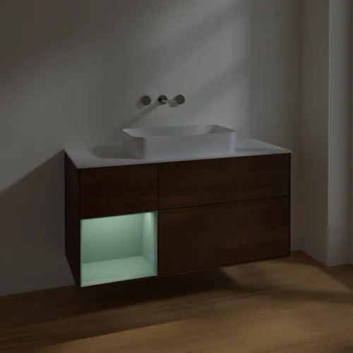 Bild von VILLEROY BOCH Finion Waschbeckenunterschrank, mit Beleuchtung, 3 Auszüge, 1200 x 603 x 501 mm, Walnut Veneer / Olive Matt Lacquer / Glass White Matt #F701GMGN