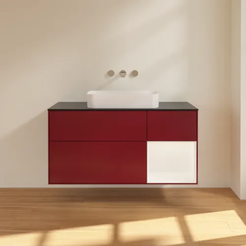 Bild von VILLEROY BOCH Finion Waschbeckenunterschrank, mit Beleuchtung, 3 Auszüge, 1200 x 603 x 501 mm, Peony Matt Lacquer / White Matt Lacquer / Glass Black Matt #F712MTHB