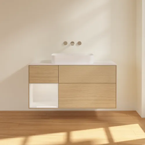 Bild von VILLEROY BOCH Finion Waschbeckenunterschrank, mit Beleuchtung, 3 Auszüge, 1200 x 603 x 501 mm, Oak Veneer / Glossy White Lacquer / Glass White Matt #F701GFPC