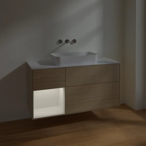 Bild von VILLEROY BOCH Finion Waschbeckenunterschrank, mit Beleuchtung, 3 Auszüge, 1200 x 603 x 501 mm, Oak Veneer / Glossy White Lacquer / Glass White Matt #F701GFPC