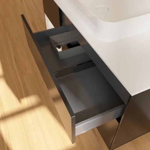 Bild von VILLEROY BOCH Finion Waschbeckenunterschrank, mit Beleuchtung, 3 Auszüge, 1200 x 603 x 501 mm, Black Matt Lacquer / Glossy White Lacquer / Glass White Matt #F701GFPD