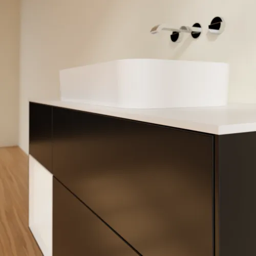 Bild von VILLEROY BOCH Finion Waschbeckenunterschrank, mit Beleuchtung, 3 Auszüge, 1200 x 603 x 501 mm, Black Matt Lacquer / Glossy White Lacquer / Glass White Matt #F701GFPD