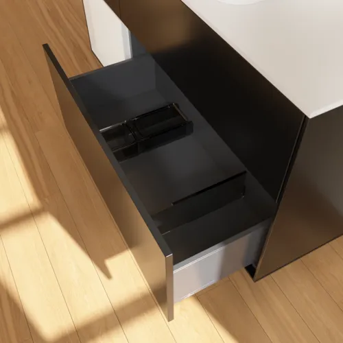 Bild von VILLEROY BOCH Finion Waschbeckenunterschrank, mit Beleuchtung, 3 Auszüge, 1200 x 603 x 501 mm, Black Matt Lacquer / Glossy White Lacquer / Glass White Matt #F701GFPD
