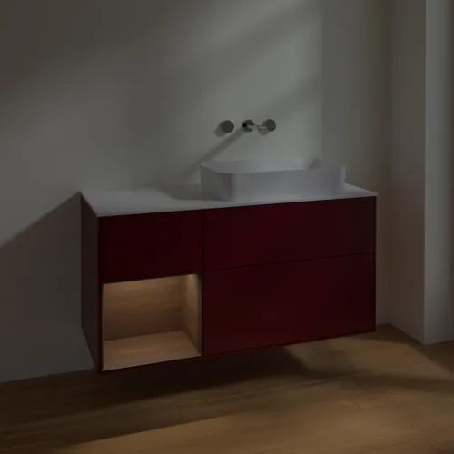 Bild von VILLEROY BOCH Finion Waschbeckenunterschrank, mit Beleuchtung, 3 Auszüge, 1200 x 603 x 501 mm, Peony Matt Lacquer / Walnut Veneer / Glass White Matt #F681GNHB