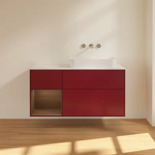 Bild von VILLEROY BOCH Finion Waschbeckenunterschrank, mit Beleuchtung, 3 Auszüge, 1200 x 603 x 501 mm, Peony Matt Lacquer / Walnut Veneer / Glass White Matt #F681GNHB