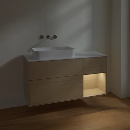 VILLEROY BOCH Finion Waschbeckenunterschrank, mit Beleuchtung, 3 Auszüge, 1200 x 603 x 501 mm, Oak Veneer / Oak Veneer / Glass White Matt #F691PCPC, Bild 3