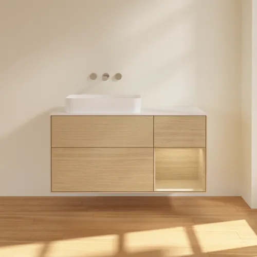 VILLEROY BOCH Finion Waschbeckenunterschrank, mit Beleuchtung, 3 Auszüge, 1200 x 603 x 501 mm, Oak Veneer / Oak Veneer / Glass White Matt #F691PCPC, Bild 2