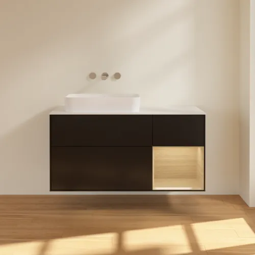 Bild von VILLEROY BOCH Finion Waschbeckenunterschrank, mit Beleuchtung, 3 Auszüge, 1200 x 603 x 501 mm, Black Matt Lacquer / Oak Veneer / Glass White Matt #F691PCPD