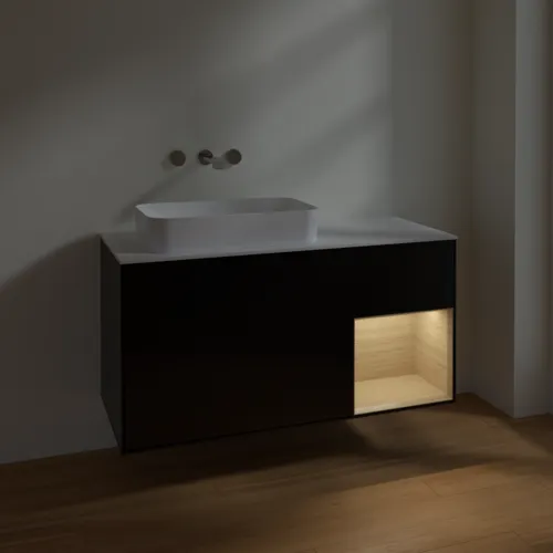 Bild von VILLEROY BOCH Finion Waschbeckenunterschrank, mit Beleuchtung, 3 Auszüge, 1200 x 603 x 501 mm, Black Matt Lacquer / Oak Veneer / Glass White Matt #F691PCPD