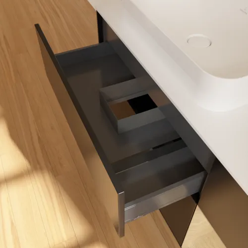 Bild von VILLEROY BOCH Finion Waschbeckenunterschrank, mit Beleuchtung, 3 Auszüge, 1200 x 603 x 501 mm, Black Matt Lacquer / Oak Veneer / Glass White Matt #F691PCPD