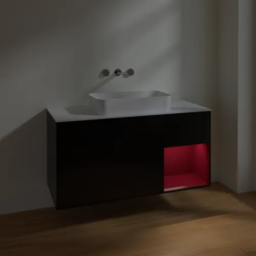Bild von VILLEROY BOCH Finion Waschbeckenunterschrank, mit Beleuchtung, 3 Auszüge, 1200 x 603 x 501 mm, Black Matt Lacquer / Peony Matt Lacquer / Glass White Matt #F711HBPD