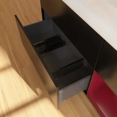 Bild von VILLEROY BOCH Finion Waschbeckenunterschrank, mit Beleuchtung, 3 Auszüge, 1200 x 603 x 501 mm, Black Matt Lacquer / Peony Matt Lacquer / Glass White Matt #F711HBPD
