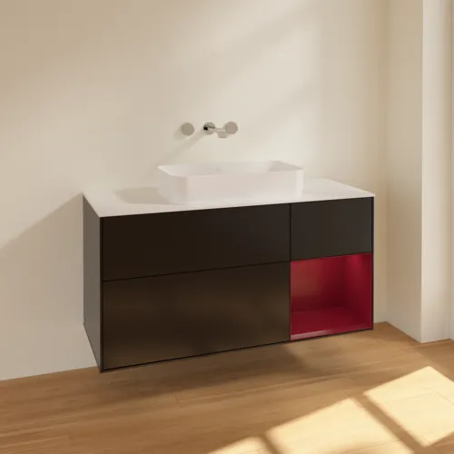 Bild von VILLEROY BOCH Finion Waschbeckenunterschrank, mit Beleuchtung, 3 Auszüge, 1200 x 603 x 501 mm, Black Matt Lacquer / Peony Matt Lacquer / Glass White Matt #F711HBPD
