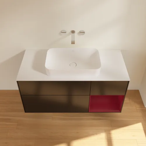 Bild von VILLEROY BOCH Finion Waschbeckenunterschrank, mit Beleuchtung, 3 Auszüge, 1200 x 603 x 501 mm, Black Matt Lacquer / Peony Matt Lacquer / Glass White Matt #F711HBPD