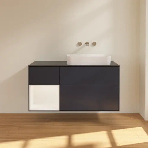 Bild von VILLEROY BOCH Finion Waschbeckenunterschrank, mit Beleuchtung, 3 Auszüge, 1200 x 603 x 501 mm, Midnight Blue Matt Lacquer / White Matt Lacquer / Glass Black Matt #F682MTHG