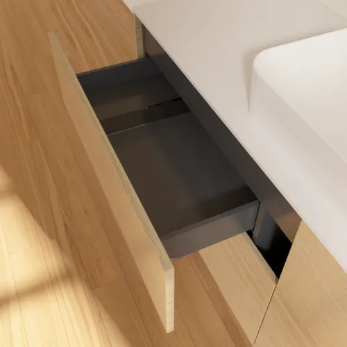 VILLEROY BOCH Finion Waschbeckenunterschrank, 4 Auszüge, 1600 x 603 x 501 mm, Oak Veneer / Glass White Matt #F73100PC, Bild 3