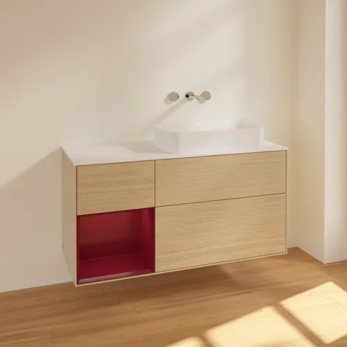 VILLEROY BOCH Finion Waschbeckenunterschrank, mit Beleuchtung, 3 Auszüge, 1200 x 603 x 501 mm, Oak Veneer / Peony Matt Lacquer / Glass White Matt #F681HBPC, Bild 2