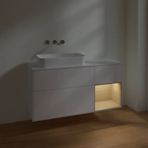 Bild von VILLEROY BOCH Finion Waschbeckenunterschrank, mit Beleuchtung, 3 Auszüge, 1200 x 603 x 501 mm, White Matt Lacquer / Oak Veneer / Glass White Matt #F691PCMT
