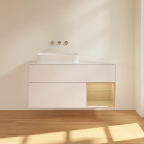 Bild von VILLEROY BOCH Finion Waschbeckenunterschrank, mit Beleuchtung, 3 Auszüge, 1200 x 603 x 501 mm, White Matt Lacquer / Oak Veneer / Glass White Matt #F691PCMT