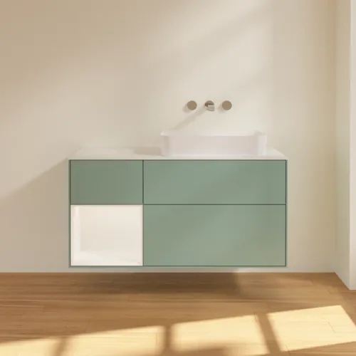 VILLEROY BOCH Finion Waschbeckenunterschrank, mit Beleuchtung, 3 Auszüge, 1200 x 603 x 501 mm, Olive Matt Lacquer / White Matt Lacquer / Glass White Matt #F681MTGM, Bild 3