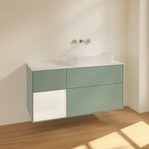 VILLEROY BOCH Finion Waschbeckenunterschrank, mit Beleuchtung, 3 Auszüge, 1200 x 603 x 501 mm, Olive Matt Lacquer / White Matt Lacquer / Glass White Matt #F681MTGM, Bild 2
