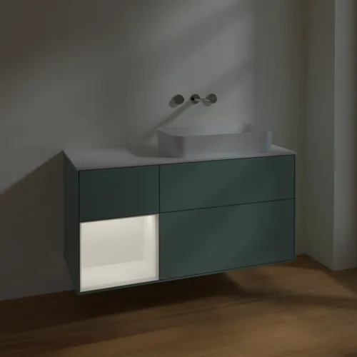 VILLEROY BOCH Finion Waschbeckenunterschrank, mit Beleuchtung, 3 Auszüge, 1200 x 603 x 501 mm, Olive Matt Lacquer / White Matt Lacquer / Glass White Matt #F681MTGM, Bild 5