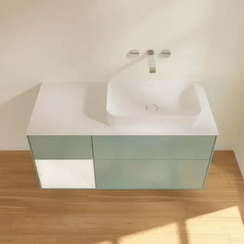VILLEROY BOCH Finion Waschbeckenunterschrank, mit Beleuchtung, 3 Auszüge, 1200 x 603 x 501 mm, Olive Matt Lacquer / White Matt Lacquer / Glass White Matt #F681MTGM, Bild 4