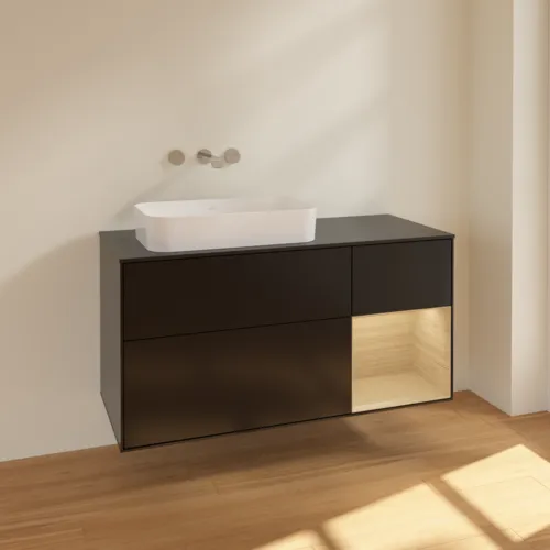 VILLEROY BOCH Finion Waschbeckenunterschrank, mit Beleuchtung, 3 Auszüge, 1200 x 603 x 501 mm, Black Matt Lacquer / Oak Veneer / Glass Black Matt #F692PCPD, Bild 2