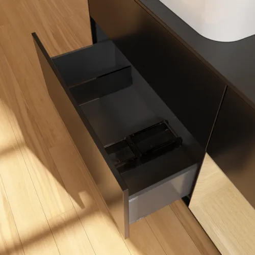 VILLEROY BOCH Finion Waschbeckenunterschrank, mit Beleuchtung, 3 Auszüge, 1200 x 603 x 501 mm, Black Matt Lacquer / Oak Veneer / Glass Black Matt #F692PCPD, Bild 5