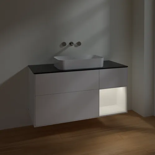 VILLEROY BOCH Finion Waschbeckenunterschrank, mit Beleuchtung, 3 Auszüge, 1200 x 603 x 501 mm, White Matt Lacquer / White Matt Lacquer / Glass Black Matt #F712MTMT, Bild 5