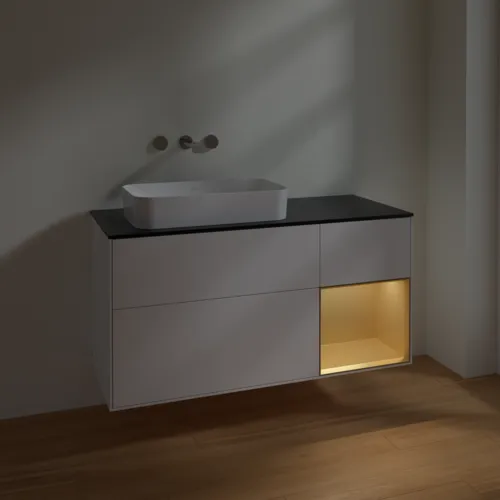VILLEROY BOCH Finion Waschbeckenunterschrank, mit Beleuchtung, 3 Auszüge, 1200 x 603 x 501 mm, White Matt Lacquer / Gold Matt Lacquer / Glass Black Matt #F692HFMT, Bild 3
