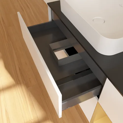 VILLEROY BOCH Finion Waschbeckenunterschrank, mit Beleuchtung, 3 Auszüge, 1200 x 603 x 501 mm, White Matt Lacquer / Gold Matt Lacquer / Glass Black Matt #F692HFMT, Bild 5