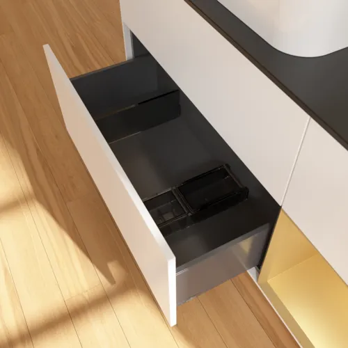 VILLEROY BOCH Finion Waschbeckenunterschrank, mit Beleuchtung, 3 Auszüge, 1200 x 603 x 501 mm, White Matt Lacquer / Gold Matt Lacquer / Glass Black Matt #F692HFMT, Bild 4