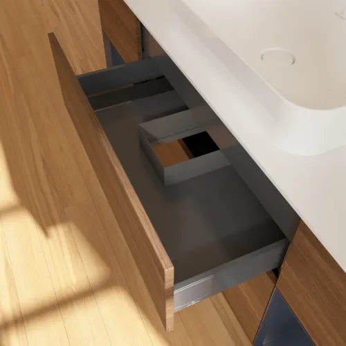 Bild von VILLEROY BOCH Finion Waschbeckenunterschrank, mit Beleuchtung, 4 Auszüge, 1600 x 603 x 501 mm, Walnut Veneer / Midnight Blue Matt Lacquer / Glass White Matt #F741HGGN
