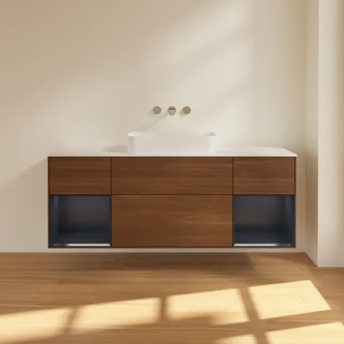 Bild von VILLEROY BOCH Finion Waschbeckenunterschrank, mit Beleuchtung, 4 Auszüge, 1600 x 603 x 501 mm, Walnut Veneer / Midnight Blue Matt Lacquer / Glass White Matt #F741HGGN