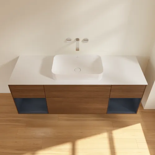 Bild von VILLEROY BOCH Finion Waschbeckenunterschrank, mit Beleuchtung, 4 Auszüge, 1600 x 603 x 501 mm, Walnut Veneer / Midnight Blue Matt Lacquer / Glass White Matt #F741HGGN