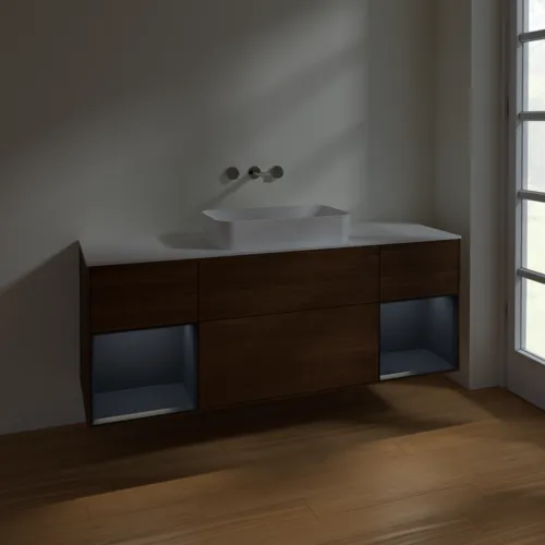 Bild von VILLEROY BOCH Finion Waschbeckenunterschrank, mit Beleuchtung, 4 Auszüge, 1600 x 603 x 501 mm, Walnut Veneer / Midnight Blue Matt Lacquer / Glass White Matt #F741HGGN