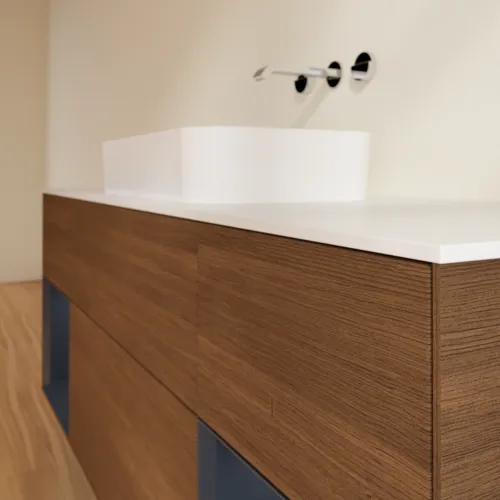 Bild von VILLEROY BOCH Finion Waschbeckenunterschrank, mit Beleuchtung, 4 Auszüge, 1600 x 603 x 501 mm, Walnut Veneer / Midnight Blue Matt Lacquer / Glass White Matt #F741HGGN