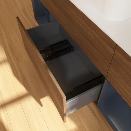 Bild von VILLEROY BOCH Finion Waschbeckenunterschrank, mit Beleuchtung, 4 Auszüge, 1600 x 603 x 501 mm, Walnut Veneer / Midnight Blue Matt Lacquer / Glass White Matt #F741HGGN
