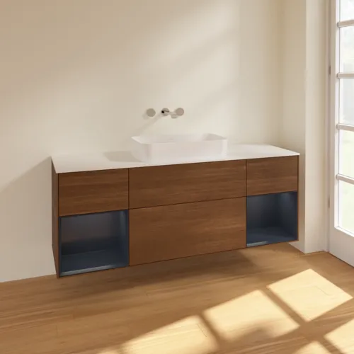Bild von VILLEROY BOCH Finion Waschbeckenunterschrank, mit Beleuchtung, 4 Auszüge, 1600 x 603 x 501 mm, Walnut Veneer / Midnight Blue Matt Lacquer / Glass White Matt #F741HGGN