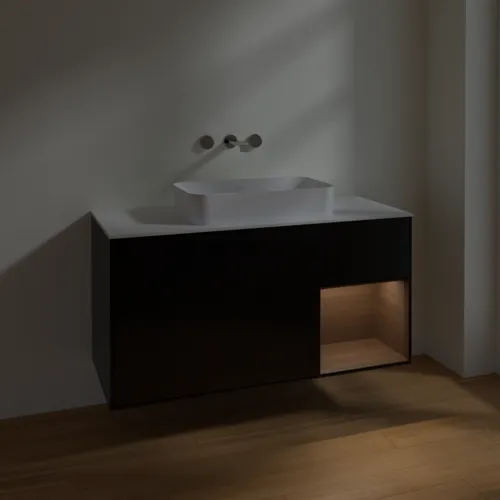 Bild von VILLEROY BOCH Finion Waschbeckenunterschrank, mit Beleuchtung, 3 Auszüge, 1200 x 603 x 501 mm, Black Matt Lacquer / Walnut Veneer / Glass White Matt #F711GNPD