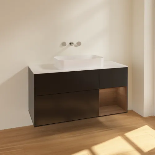 Bild von VILLEROY BOCH Finion Waschbeckenunterschrank, mit Beleuchtung, 3 Auszüge, 1200 x 603 x 501 mm, Black Matt Lacquer / Walnut Veneer / Glass White Matt #F711GNPD