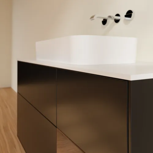 Bild von VILLEROY BOCH Finion Waschbeckenunterschrank, mit Beleuchtung, 3 Auszüge, 1200 x 603 x 501 mm, Black Matt Lacquer / Walnut Veneer / Glass White Matt #F711GNPD